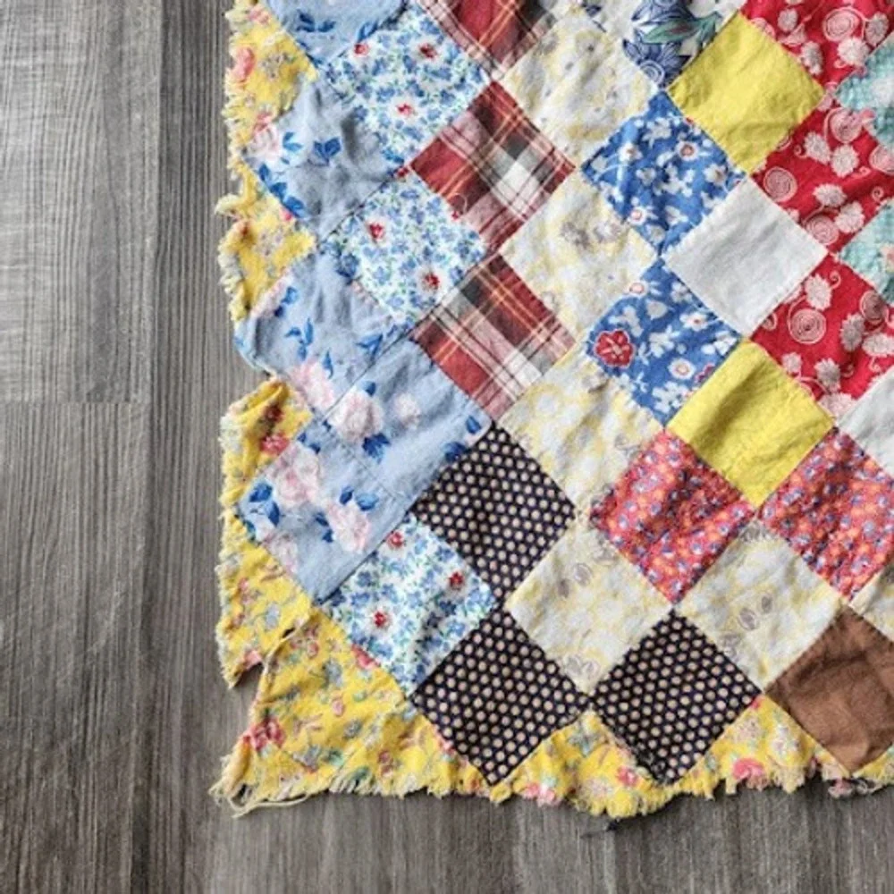 1940s Trip Around World Quilt Top Only Feedsack Patchwork 65x73 Scrap
